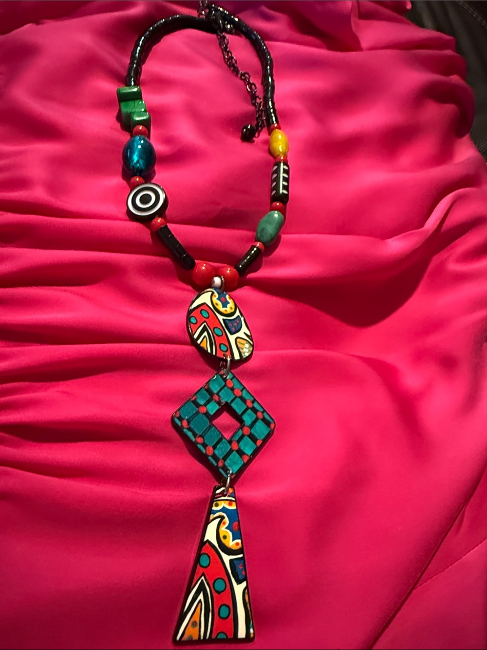 Hand-Painted Multicolor Pendant Necklace with Teal Accents